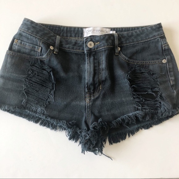Gypsy Warrior Womens Junior Black Distressed Frayed Cut Off Denim Cutoff Short - Picture 2 of 9